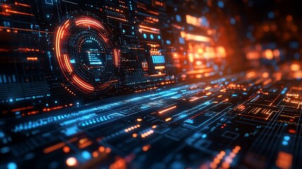 Fototapeta premium Futuristic digital interface with glowing orange and blue lines.