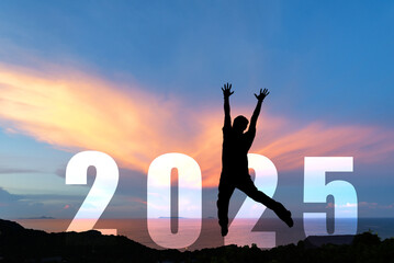 Silhouette happy people jumping congratulation and celebrate in Happy New year 2025 for change new...