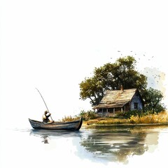 Fototapeta premium A fisherman in a boat, fishing by a cabin.