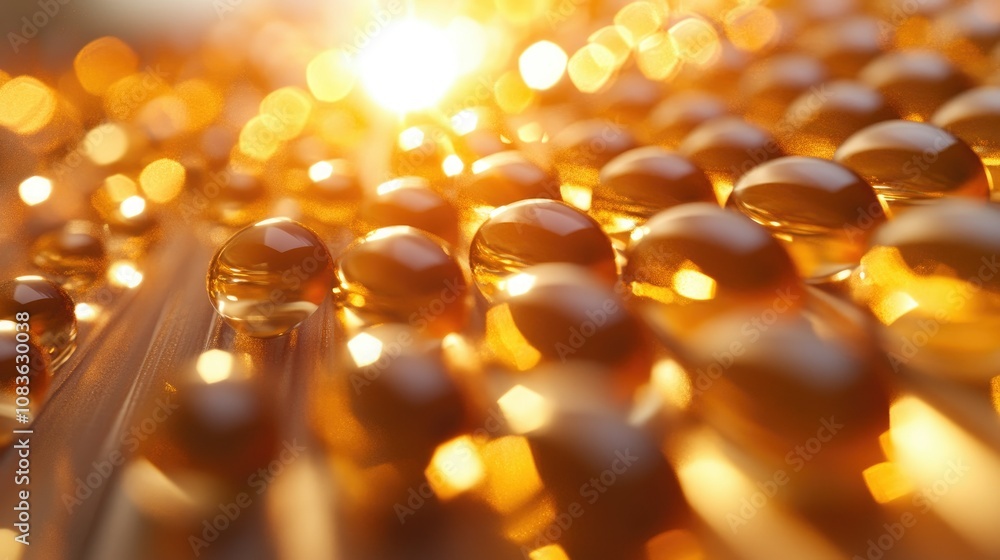 Poster close-up view of illuminated water droplets glimmering on a surface at sunrise, creating a beautiful