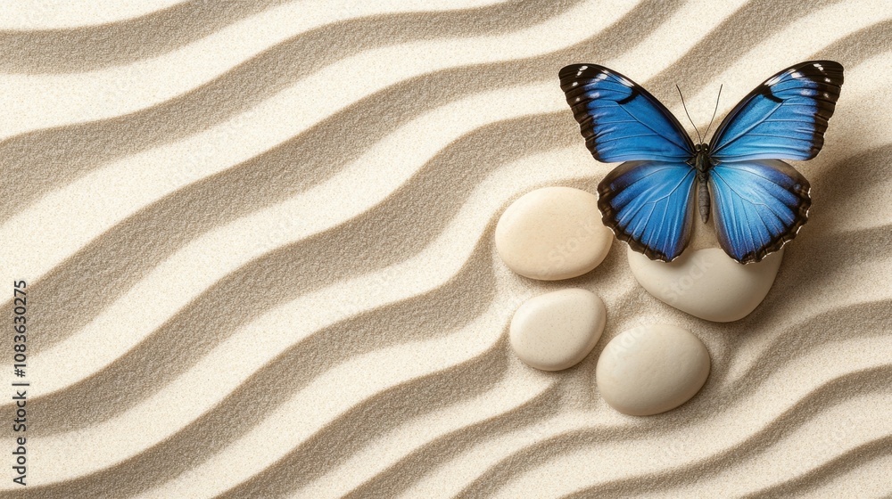 Poster elegant blue butterfly perched on smooth white stones against a soft sand background with gentle cur