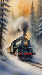 Classic steam locomotive traveling through a snowy forest landscape at sunset 