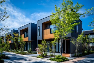 modern townhouse in Japan, with three color blocks of beige and white accented by brown, surrounded...