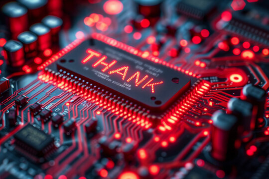 Intricate circuit board with glowing red 'THANK' message and electronic components in close-up view
