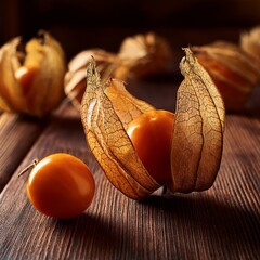Chinese lantern fruits on wooden table. Physalis alkekengi