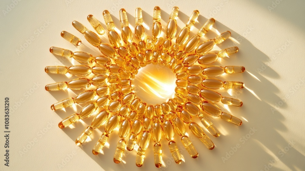Poster circular arrangement of golden capsules resembling a sunburst pattern artfully laid on a light-color