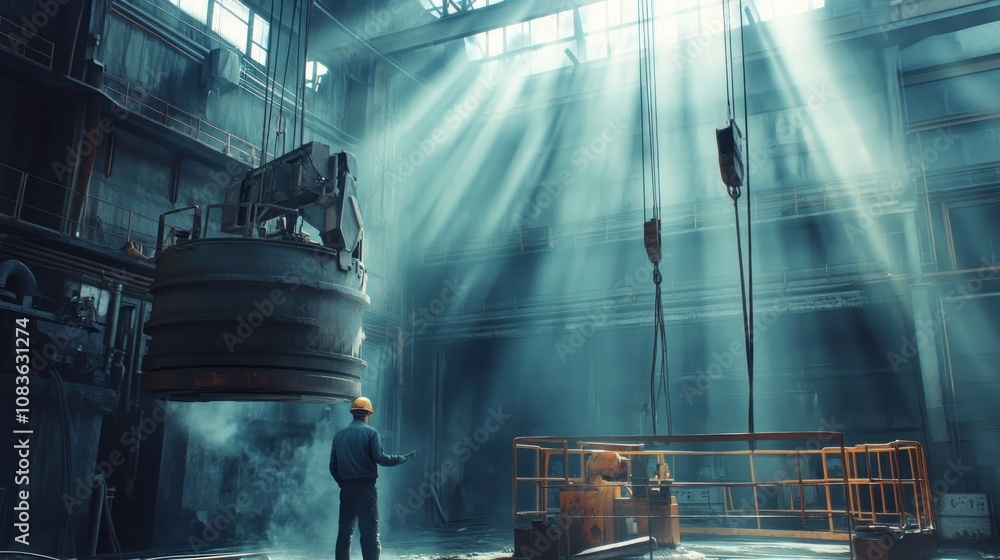 Poster industrial worker observing a large metal container suspended in a factory