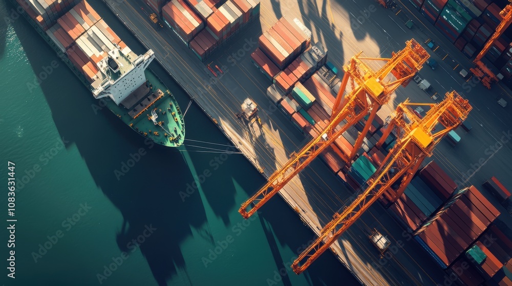 Poster ship docked at port with cranes loading and unloading containers