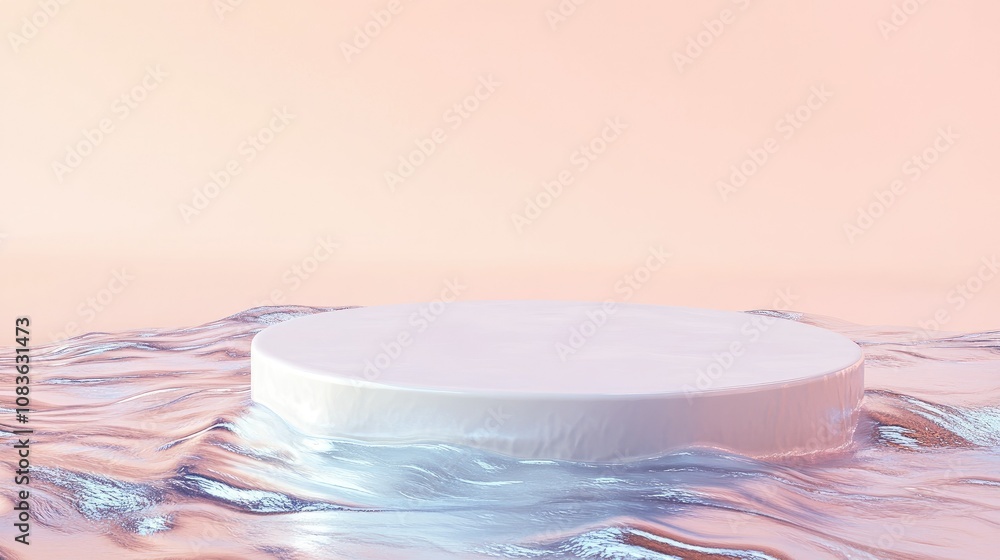 Poster abstract composition of a round object floating on gentle water surface with soft pink and orange ba