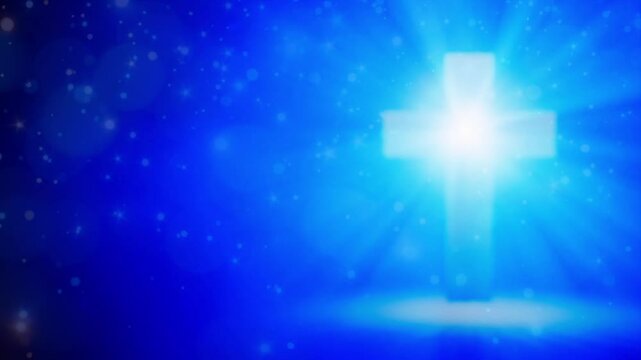Repeating Cross of Jesus background animation for worship and praise lyrics for Church. Shining light coming from Cross witn particles in blue background. Looping video. 