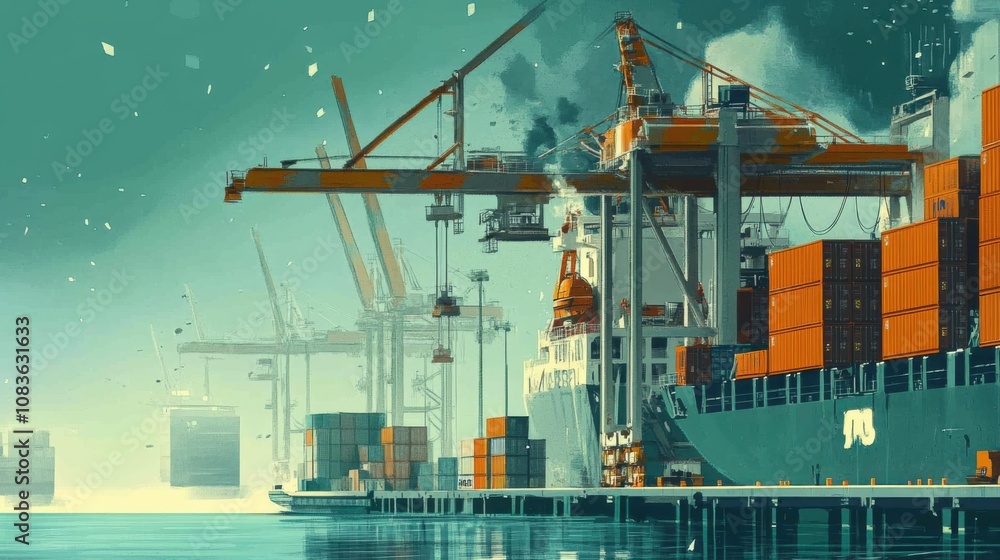 Poster ship docked at port with cranes loading and unloading