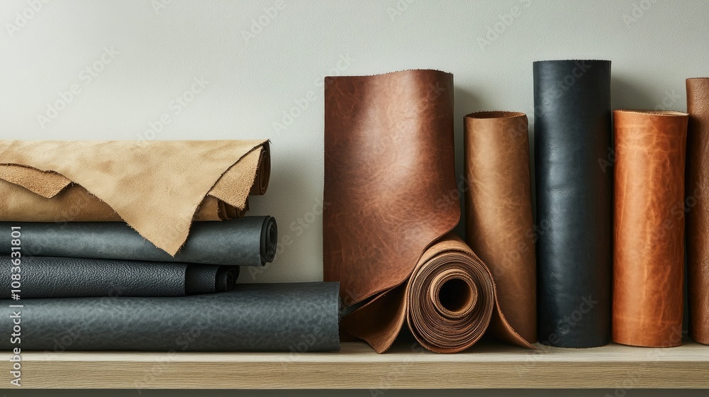 Poster a collection of various leather rolls and textures displayed on a wooden shelf with neutral backgrou