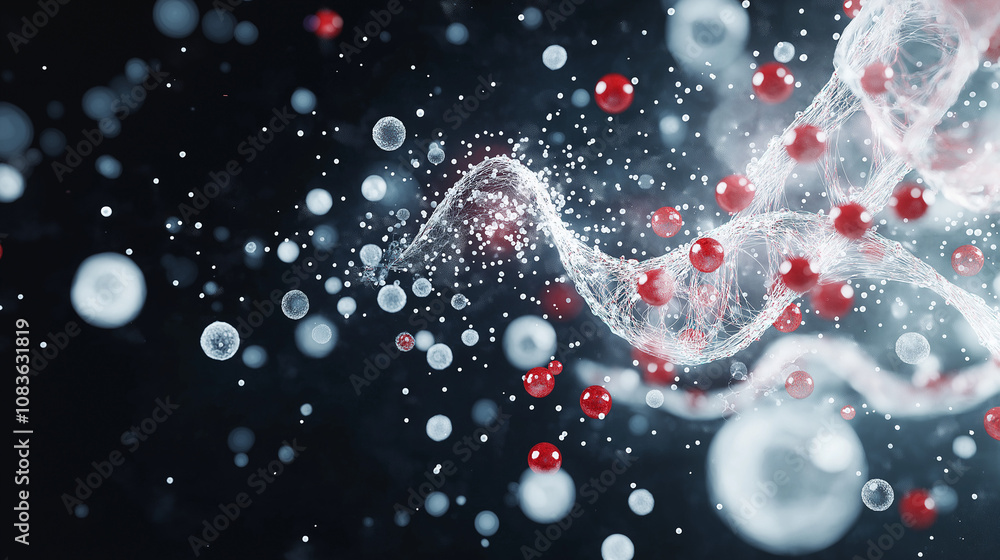 Poster dynamic molecular stream: abstract close-up of a swirling stream of molecules, with red and white sp
