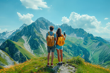 Obraz premium Man and woman take photo on the mountain. Beautiful view and cloudy landscape