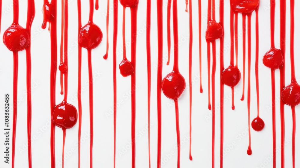 Poster swirls and drops of bright red liquid dripping down a white background with vivid texture and artist