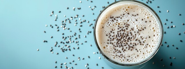 glass of chia seeds milk on blue background. alternative, gluten free, dairy food, sustainable, healthy vegetarian concept.  banner 