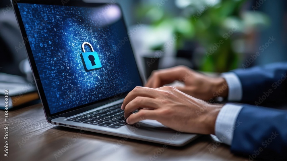 Poster close-up of hands typing on laptop with digital lock symbol representing cybersecurity, data protect