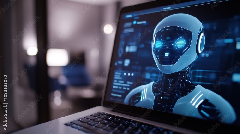 Poster futuristic robot interface with advanced technology displayed on laptop screen, showcasing ai featur