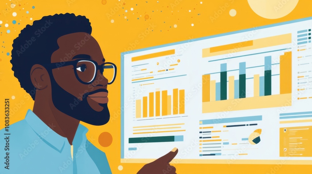 Poster professional man analyzing digital data on screen with colorful graphics and bar charts, showcasing 