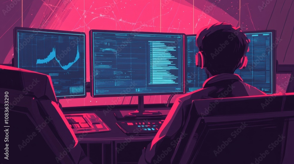 Poster digital analyst working at high-tech workspace surrounded by monitors and graphs in futuristic envir