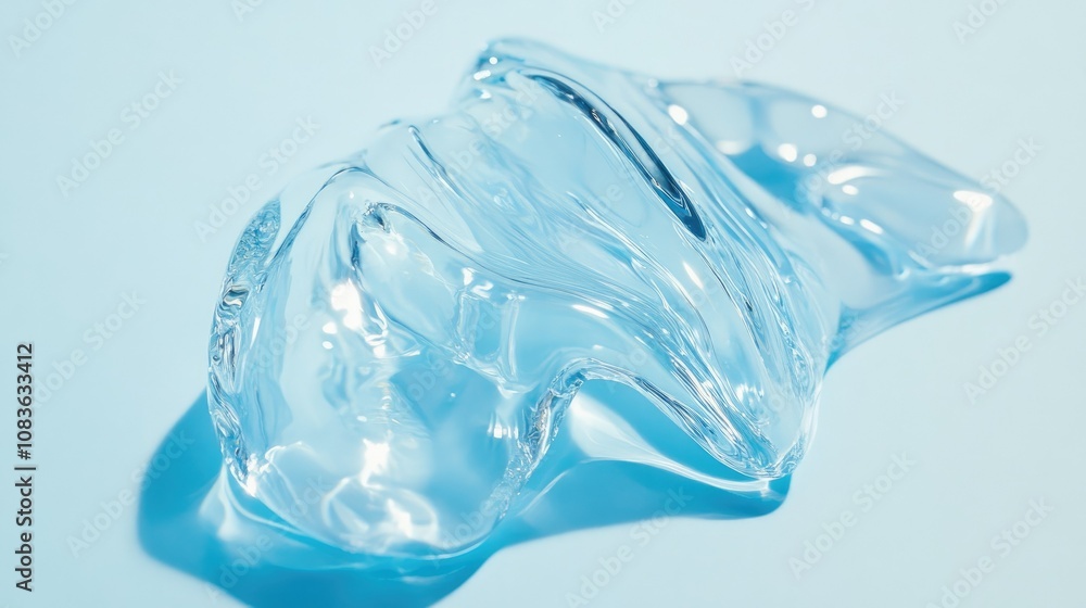 Poster transparent fluid form on soft blue background with distinctive curves and waves, capturing the esse