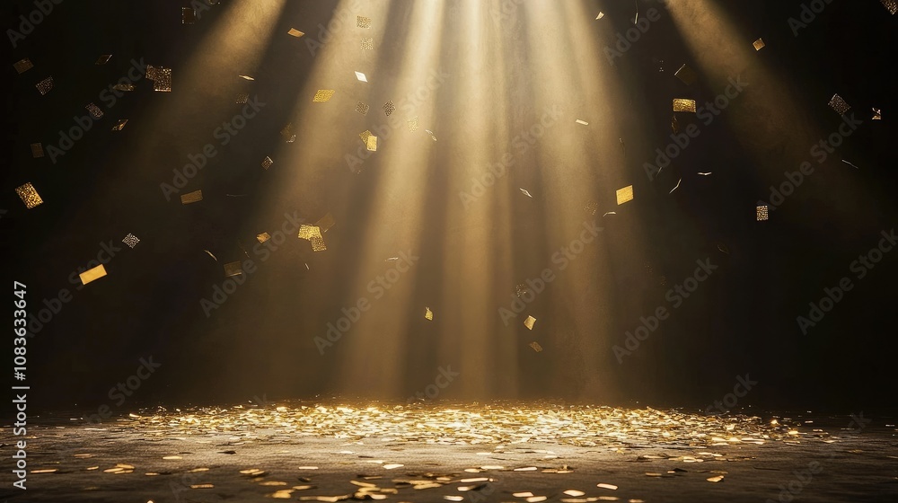 Poster golden light beams shine through a dark background with floating confetti, creating a magical and fe