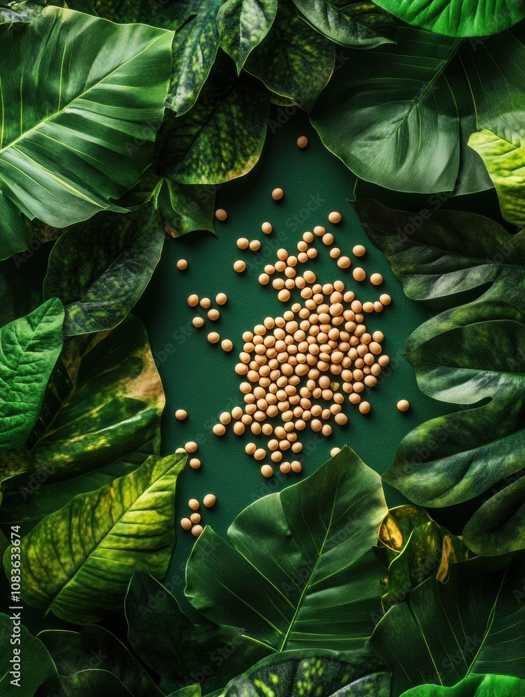 Poster soybeans are scattered on a rich green surface, framed by diverse tropical leaves, creating a lively