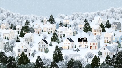 A picturesque winter village blanketed in snow with charming houses