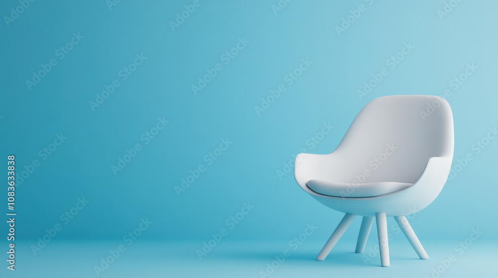 Poster minimalistic white chair on a soft blue background emphasizing modern design and clean lines for con