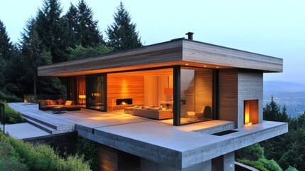 Fototapeta premium Modern Wooden and Concrete House with a View and Fire Pit