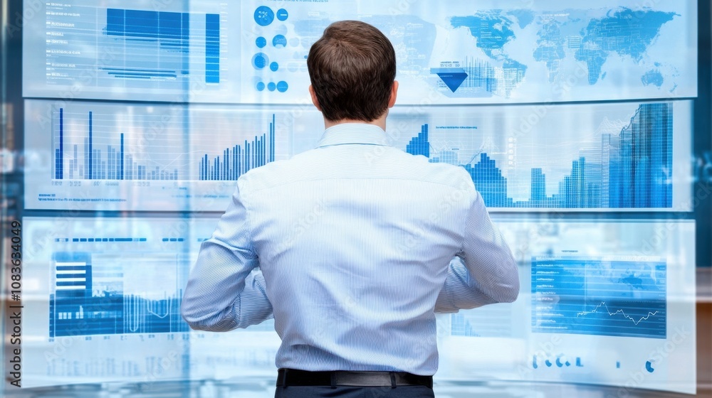 Poster businessman analyzing data visualizations on a digital display in a modern office environment with c