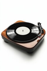 Fototapeta premium Wooden turntable with black vinyl record.