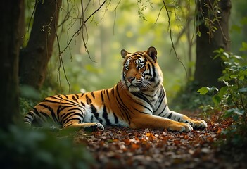 Obraz premium An adult Bengal tiger resting on the ground in a lush, green forest environment