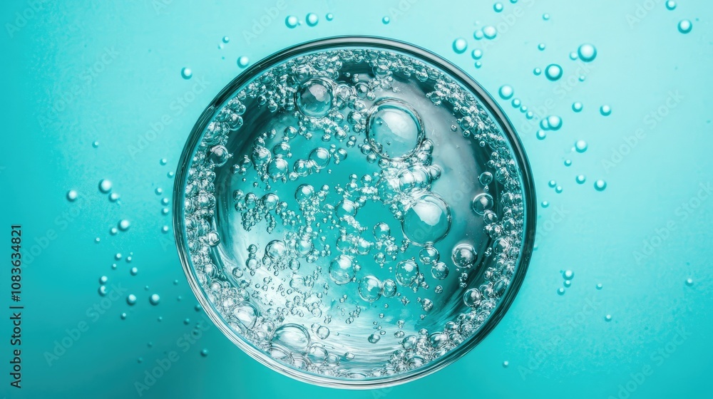 Poster close-up view of clear water with rising bubbles creating beautiful patterns in a round glass agains