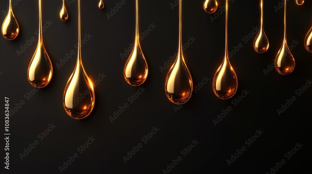 Poster fluid golden drops on dark background captivating golden liquid drips with glossy texture creating a