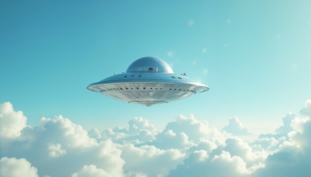 Small UFO in a bright daytime sky, reflective metallic surface shining in sunlight above distant clouds