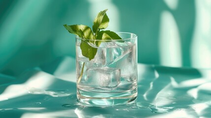 Refreshing Glass of Clear Water with Ice Cubes and Mint Leaves on a Soft Aqua Background Ideal for Summery and Invigorating Imagery in Lifestyle and Beverage Themes