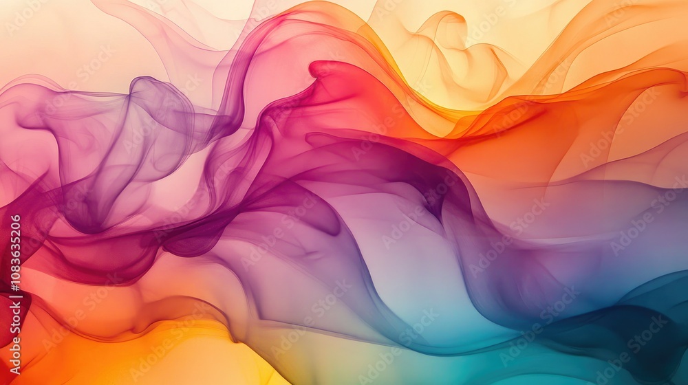 Poster abstract flowing waves of colorful smoke or fabric, capturing the essence of light and shadows in a 