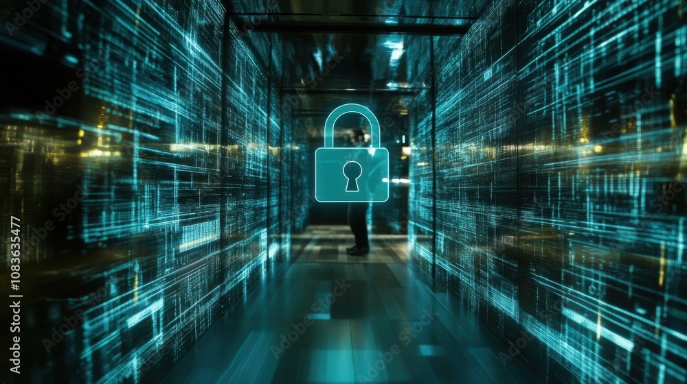 Aufkleber secure data transmission corridor with digital lock symbol depicting cyber security, data protection