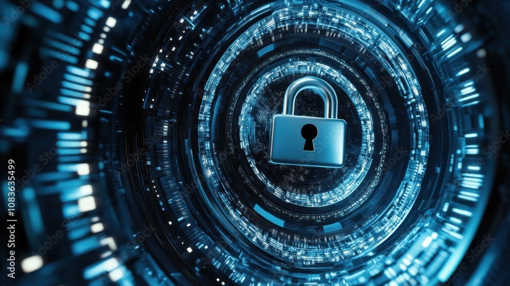 Poster futuristic digital security concept featuring a central lock surrounded by glowing data circuits and