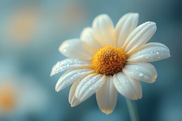 a minimalistic macro shot of a single daisy bloom in sharp focus with a blurred pastel green and yellow background. flower background