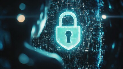 Futuristic Concept of Digital Security with a Glowing Lock Symbol Surrounded by Data Streams and Matrix Style Background for Technology or Cybersecurity Themes