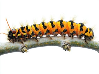 Fototapeta premium Vibrant caterpillar resting on a branch, white isolated background.