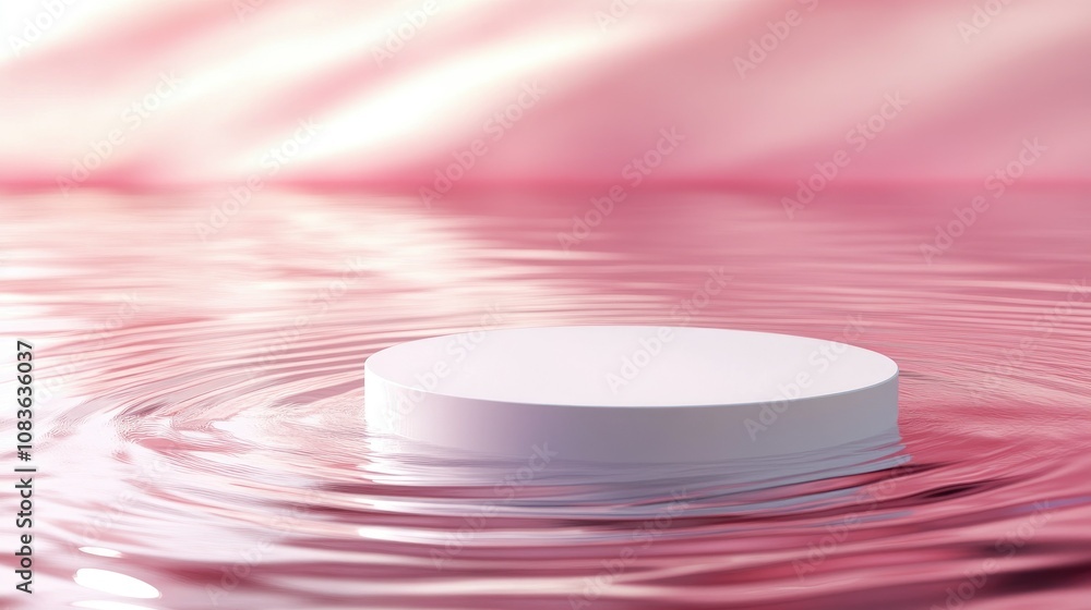 Poster tranquil minimalist scene with circular platform on calm water surface reflecting soft pink backgrou