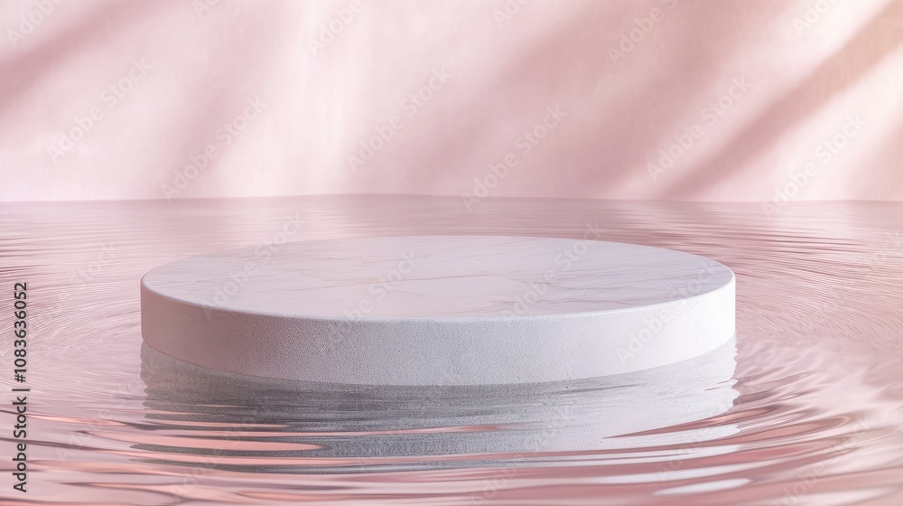 Poster serene round marble platform reflected in calm waters with soft pink background creating an aestheti