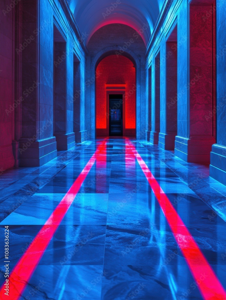 Aufkleber Red laser security beams cut through a dimly lit corridor, enhancing the modern architecture and creating a vivid visual experience. Generative AI