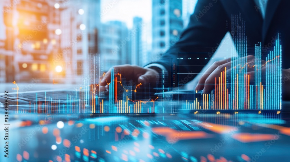 Poster professional businessman analyzing financial data with advanced digital graphs and charts in modern 