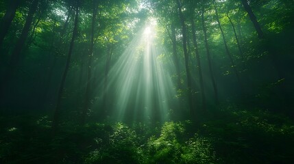 a lush green forest with dappled sunlight filtering through the trees. dense forest, sunlight through trees, green woodland, forest landscape, tree canopy, forest environment