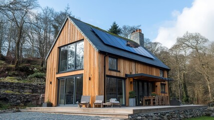 Obraz premium Modern Wooden Cabin with Solar Panels and Deck in a Wooded Setting