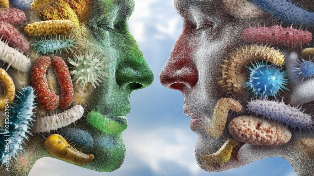 Poster microscopic visualization of bacteria on human skin, exploring the complex interaction between micro